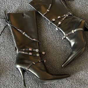 Vero Cuoio Black Over-the-Knee Stiletto Boots with Jeweled Straps